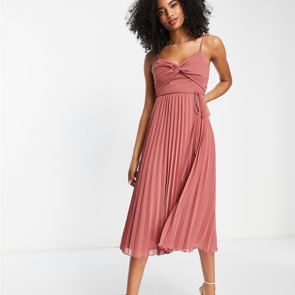 ASOS DESIGN twist front pleated cami midi dress with belt in rose pink